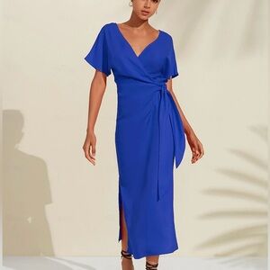 ADOR Tencel Linen V Neck Shirred Wrap Midi Dress In Royal Blue Size Small